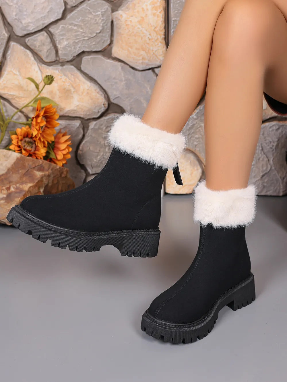 Suede Ankle Boots with Faux Fur Trim