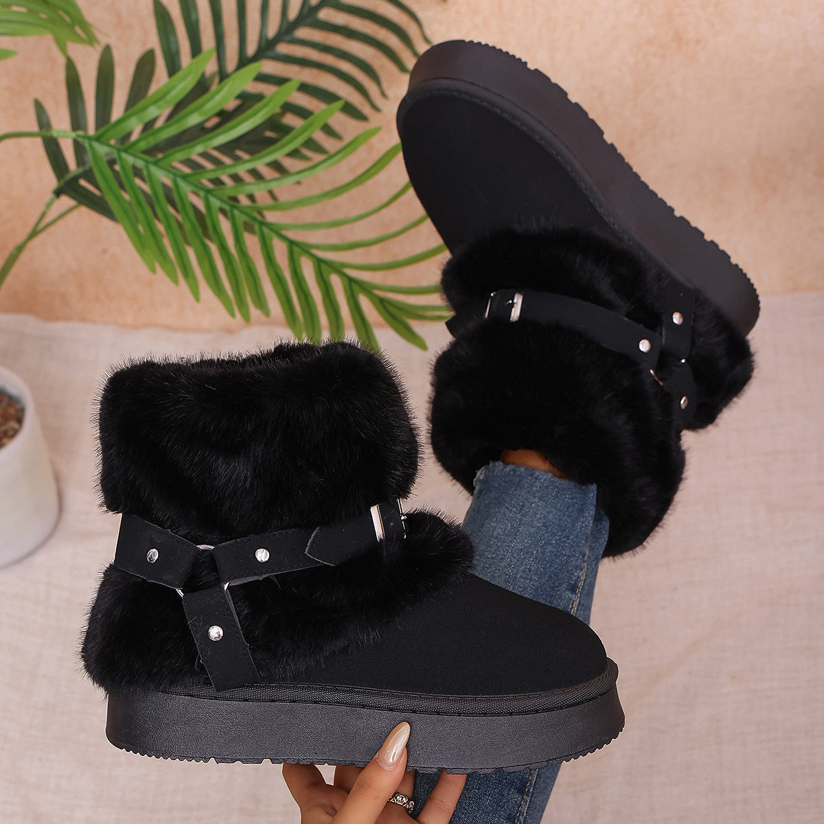 Fabric Chunky-Sole Round Toe Platform Boots
