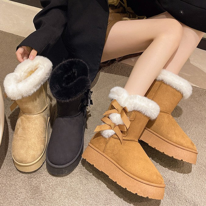 Bootara Women's Bow-Knit Cozy Winter Boots - Shearling Lined Chunky Platform Snow Boots (US 5-9.5)
