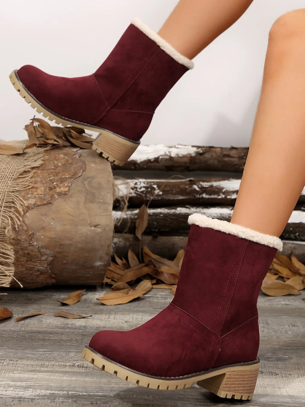 Sherpa-Trimmed Faux Suede Ankle Boots