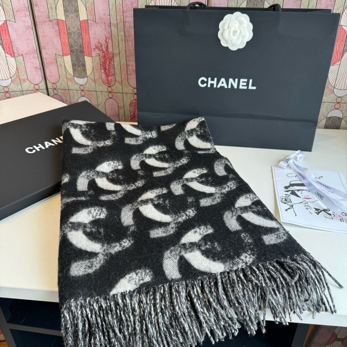Chanel Black & White Fringed Scarf