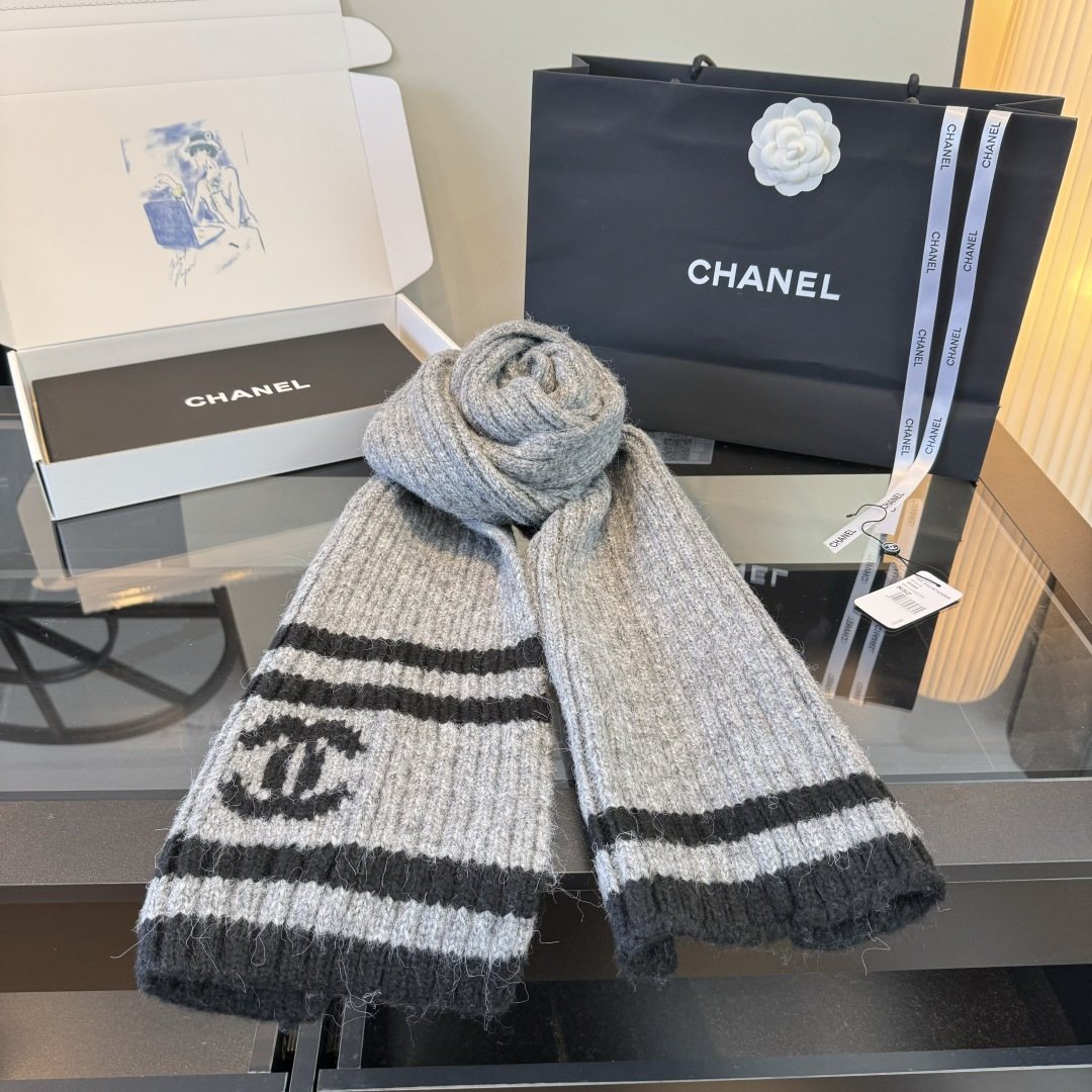 Chanel Rib-Knit Striped Scarf